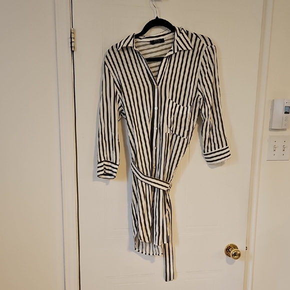 Bershka Midi Shirt Dress Womens S Green white Striped Oversized Belted - Picture 3 of 5